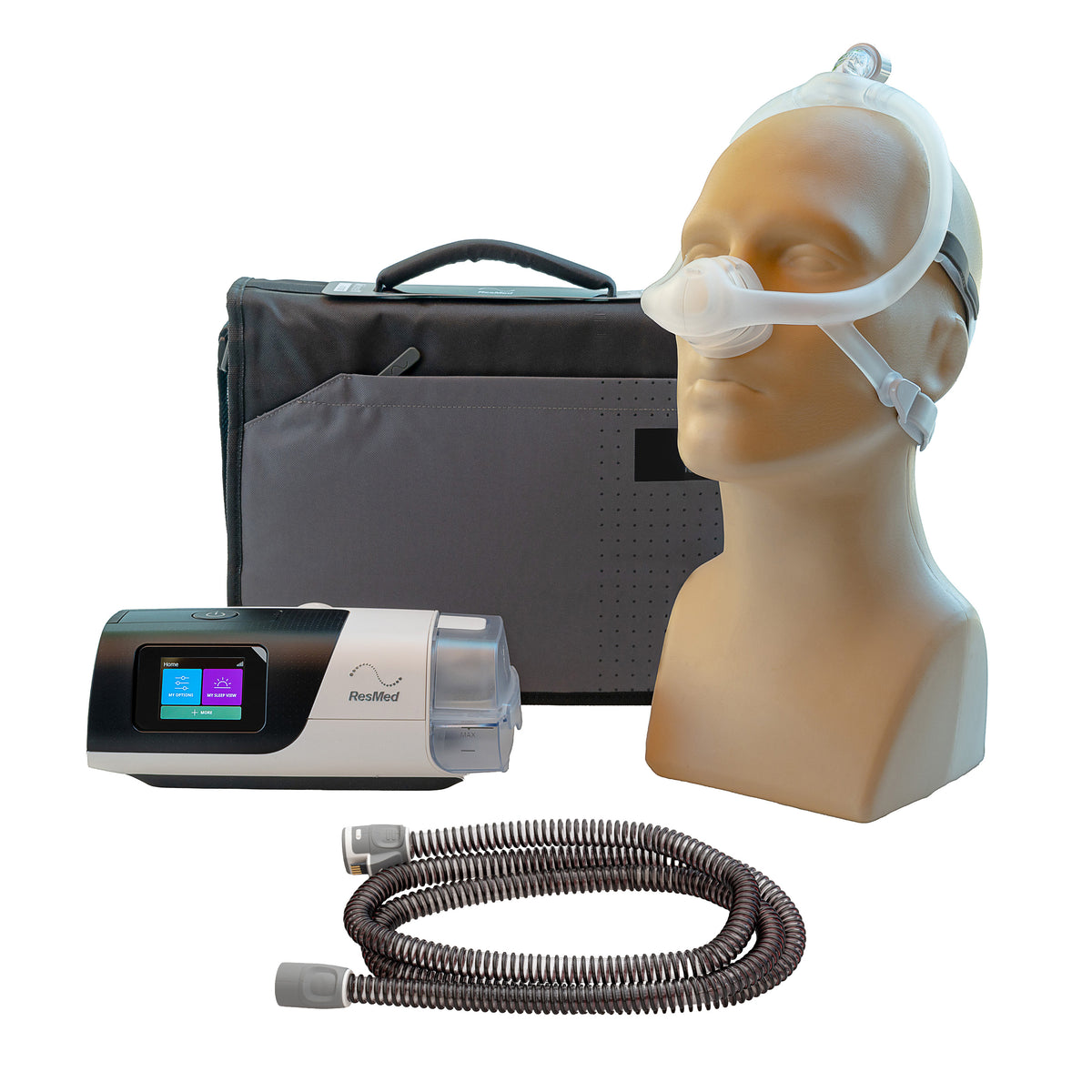 Nouvel ensemble ResMed AirSense 11 AutoSet – Comprend un tuyau SlimLine, un masque facial complet, un étui de transport, une alimentation électrique, une chambre à eau, un filtre et un manuel d'utilisation