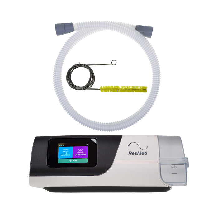 New ResMed AirSense 11 AutoSet Machine with a Brush, SlimLine Hose, Carry Case, Filter, Universal Power Supply, Water Chamber, and a User Manual