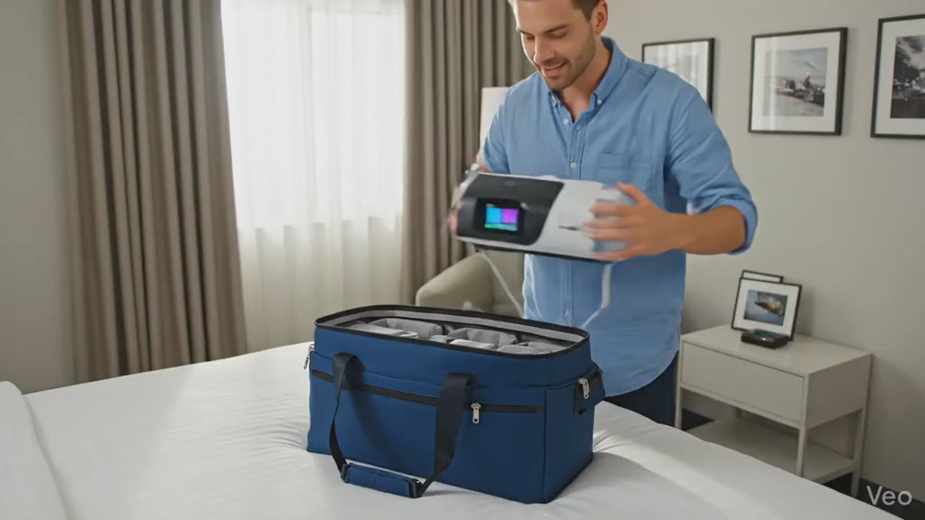 AirSense 11 Machine is being placed into the carry-on to be taken to the airport. The video is made by SitemmaCPAP.