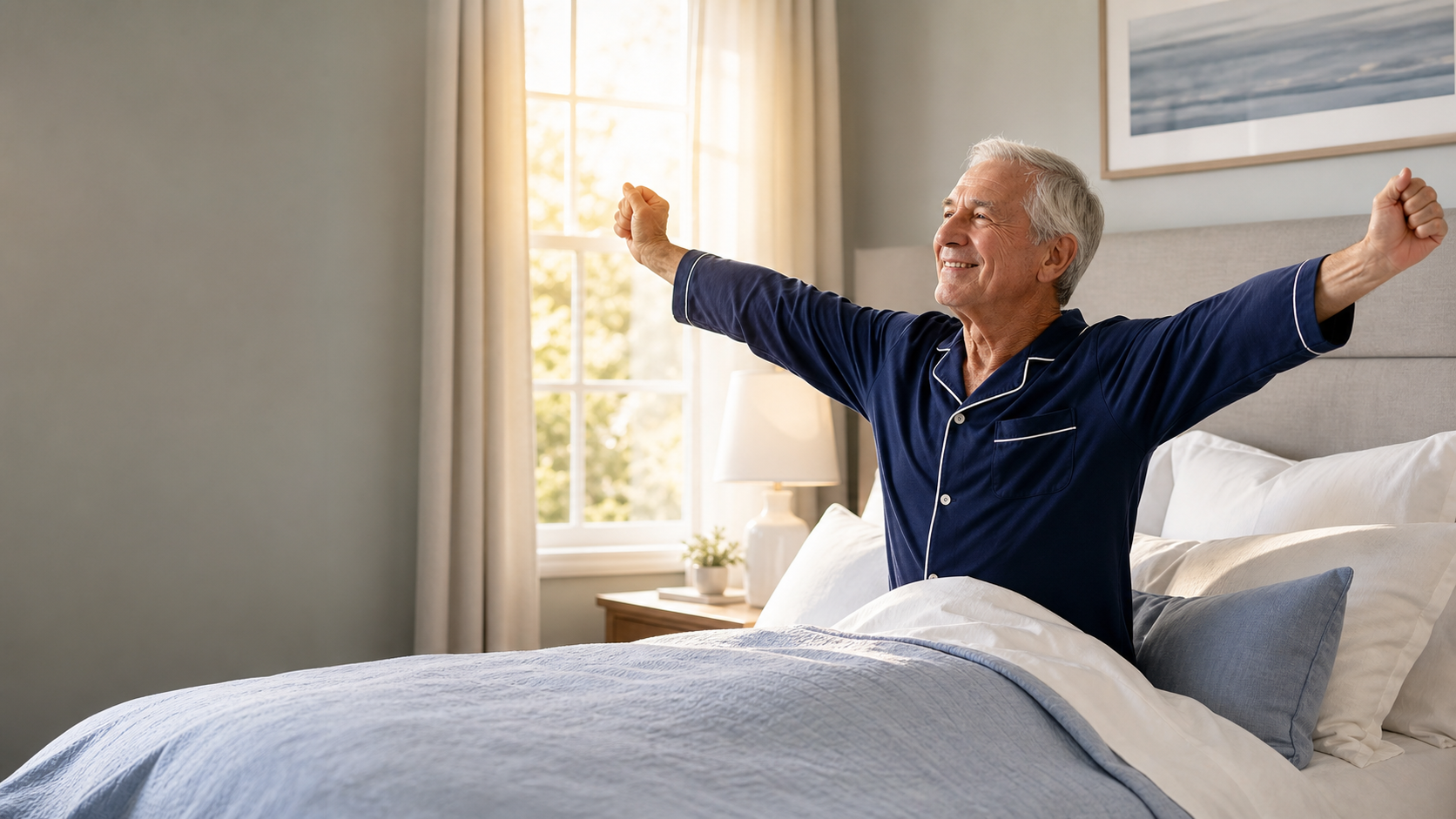 An older man greeting a bright morning
